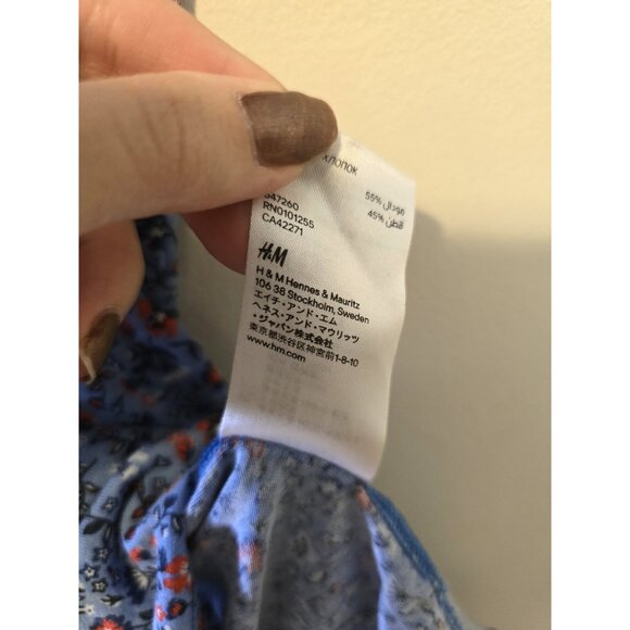 Blue Floral Top Cottage Garden Round Neck Ruffle Sleeves Peasant Blouse Sz S - Picture 8 of 8